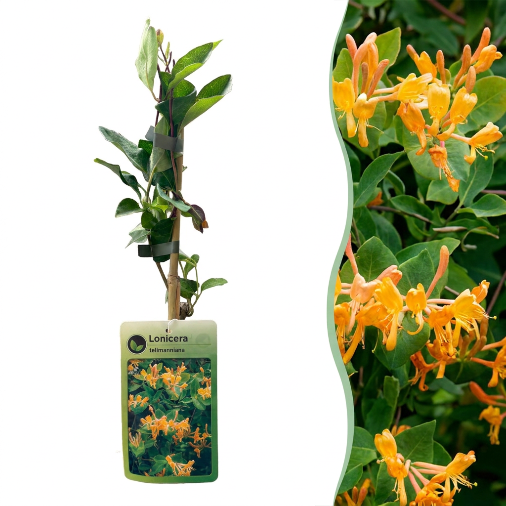 Lonicera tellmanniana (Tellmann's honeysuckle) – orange-yellow – Ø9 cm, 35 cm high