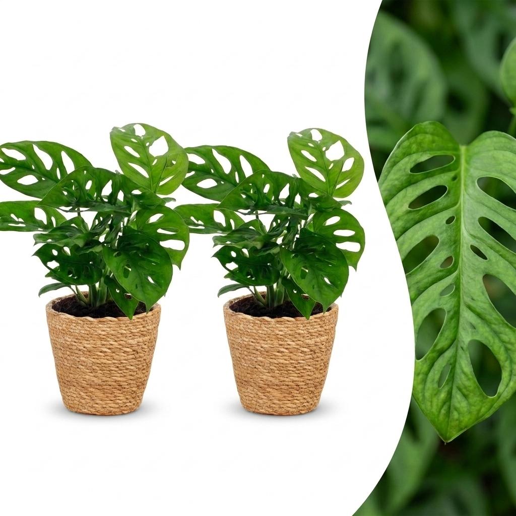 2× Monstera adansonii (mini-monstera) med korg – Ø12 cm, 25 cm hög