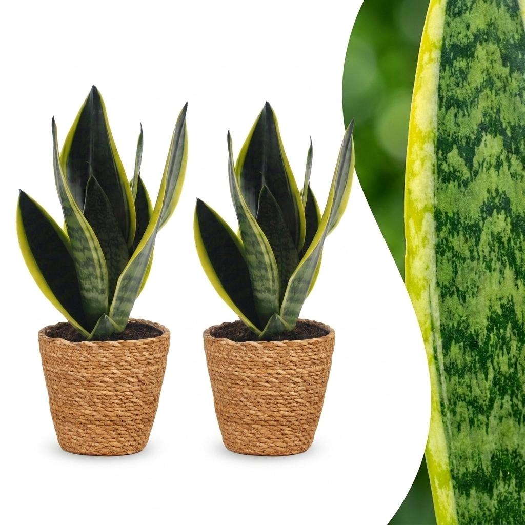 2× Sansevieria Future Superb (svigermors skarpe tunge) med kurv – Ø12 cm, 35 cm høj