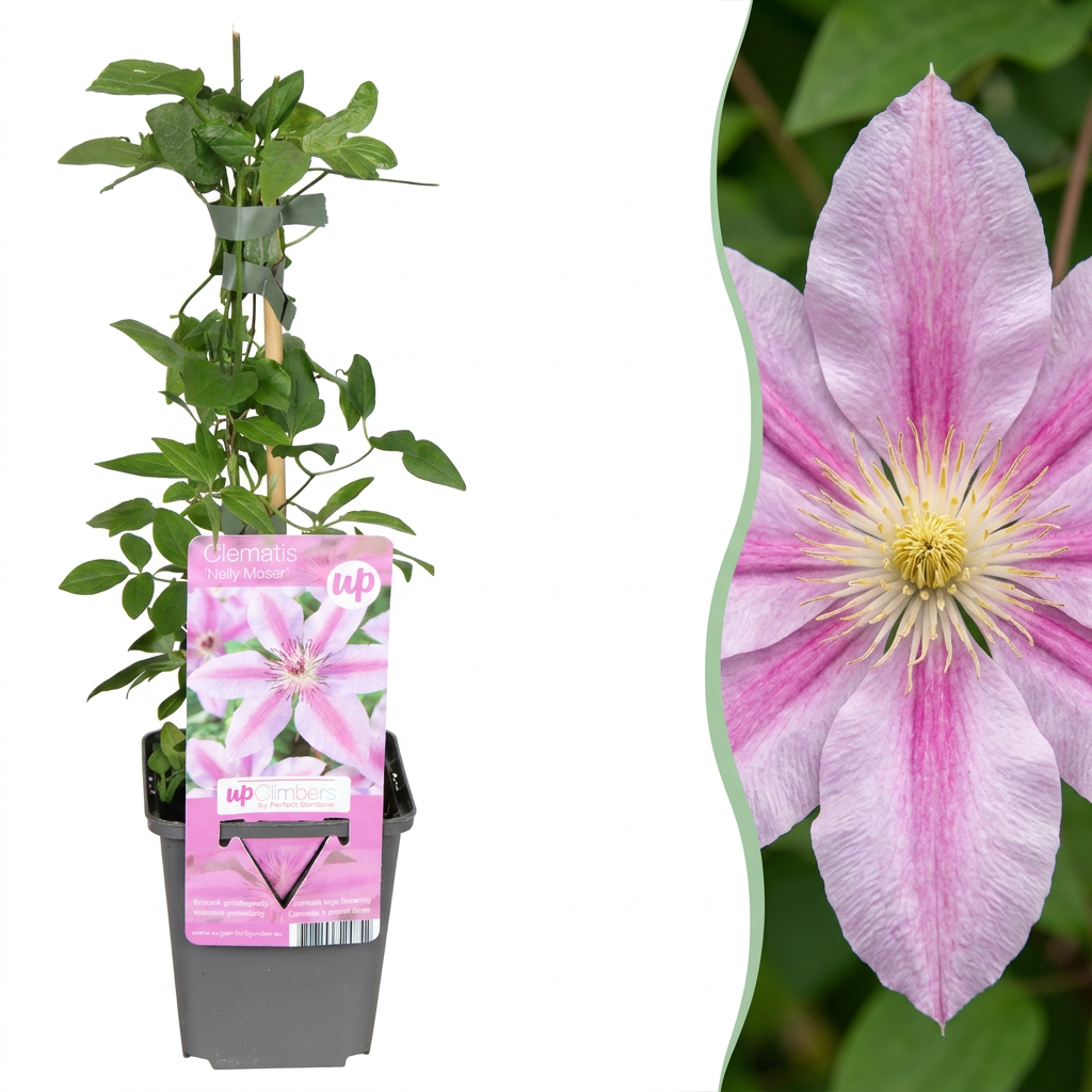 Clematis 'Nelly Moser' (bosrank) – wit-roze – 2 planten, Ø9 cm, 35 cm hoog