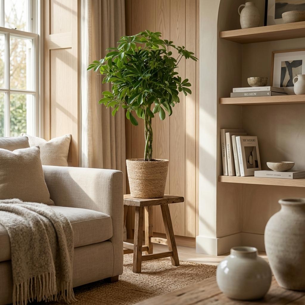 Schefflera Arab Nora (vingersboom) met mand – Ø21 cm, 70 cm hoog