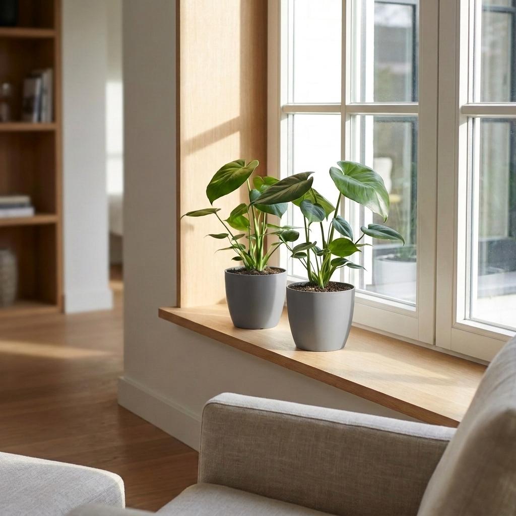 2× Monstera deliciosa (Fensterblatt) im grauen Pflanzkübel von Potter – Ø 12 cm, 30 cm hoch