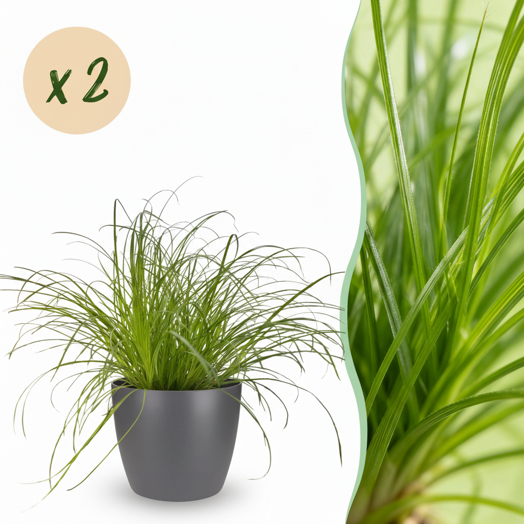 2× Cyperus alternifolius Zumula (sivgræs) i grå lerkrukke – Ø12 cm, 20 cm høj