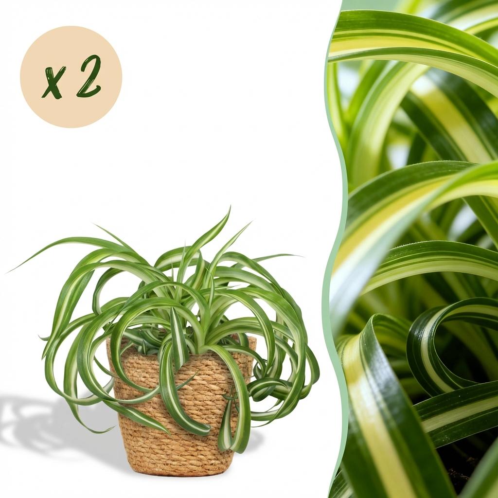 2× Chlorophytum comosum Bonnie (graslelie) met mand – Ø12 cm, 20 cm hoog