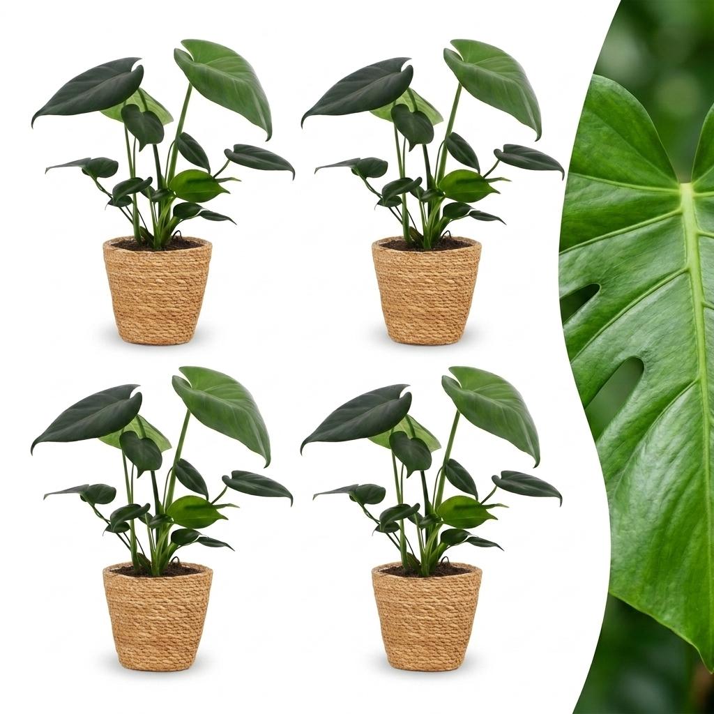 4× Monstera deliciosa (Fensterblatt) mit Korb – Ø12 cm, 30 cm hoch
