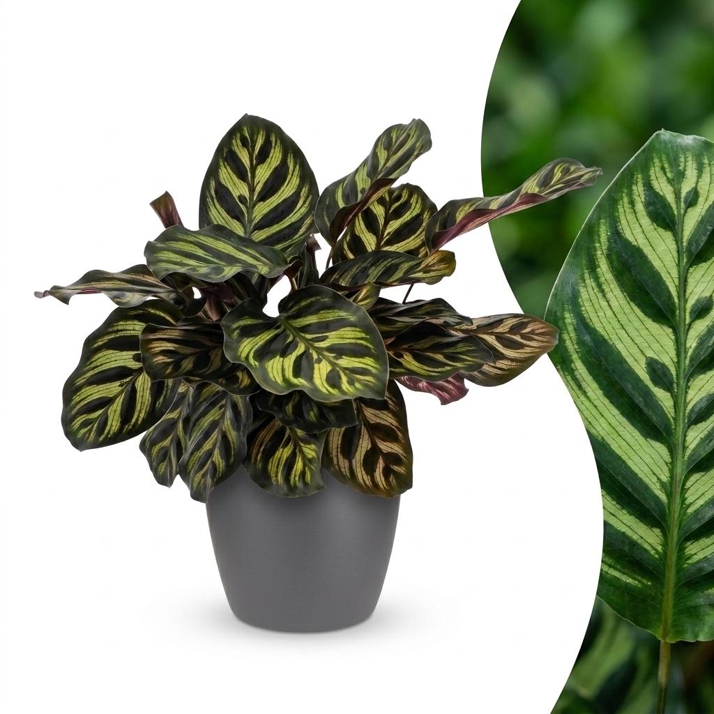 Calathea makoyana im grauen Übertopf von Potter – Ø 12 cm, 25 cm hoch