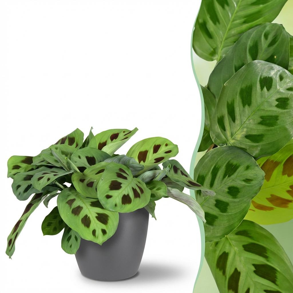 Maranta Fascinator Kerchoveana (Gebetsstaude) im grauen Zierschalen-Topf – Ø 12 cm, 25 cm hoch