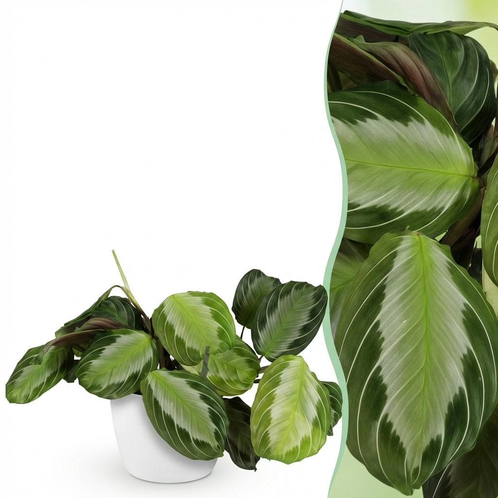 Maranta Fascinator Silverband (plante prieuse) dans pot décoratif Potter blanc – Ø12 cm, 25 cm de haut