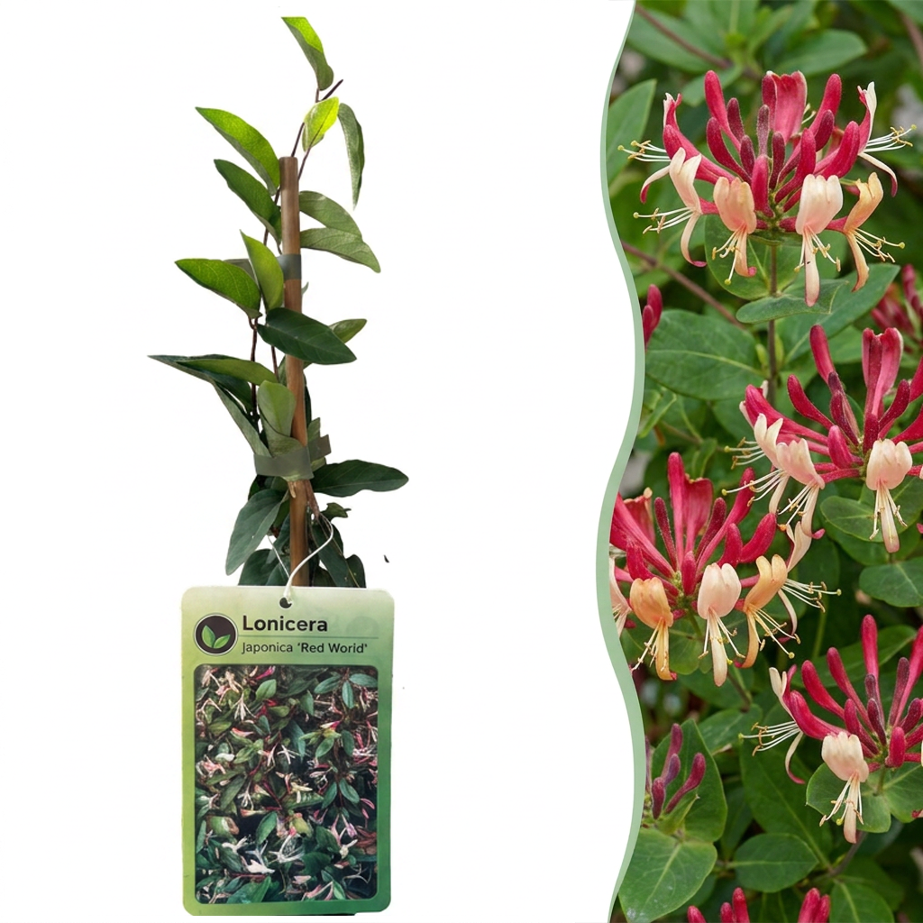 Lonicera japonica 'Red World' (Japanese honeysuckle) – red-pink – Ø9 cm, 35 cm high