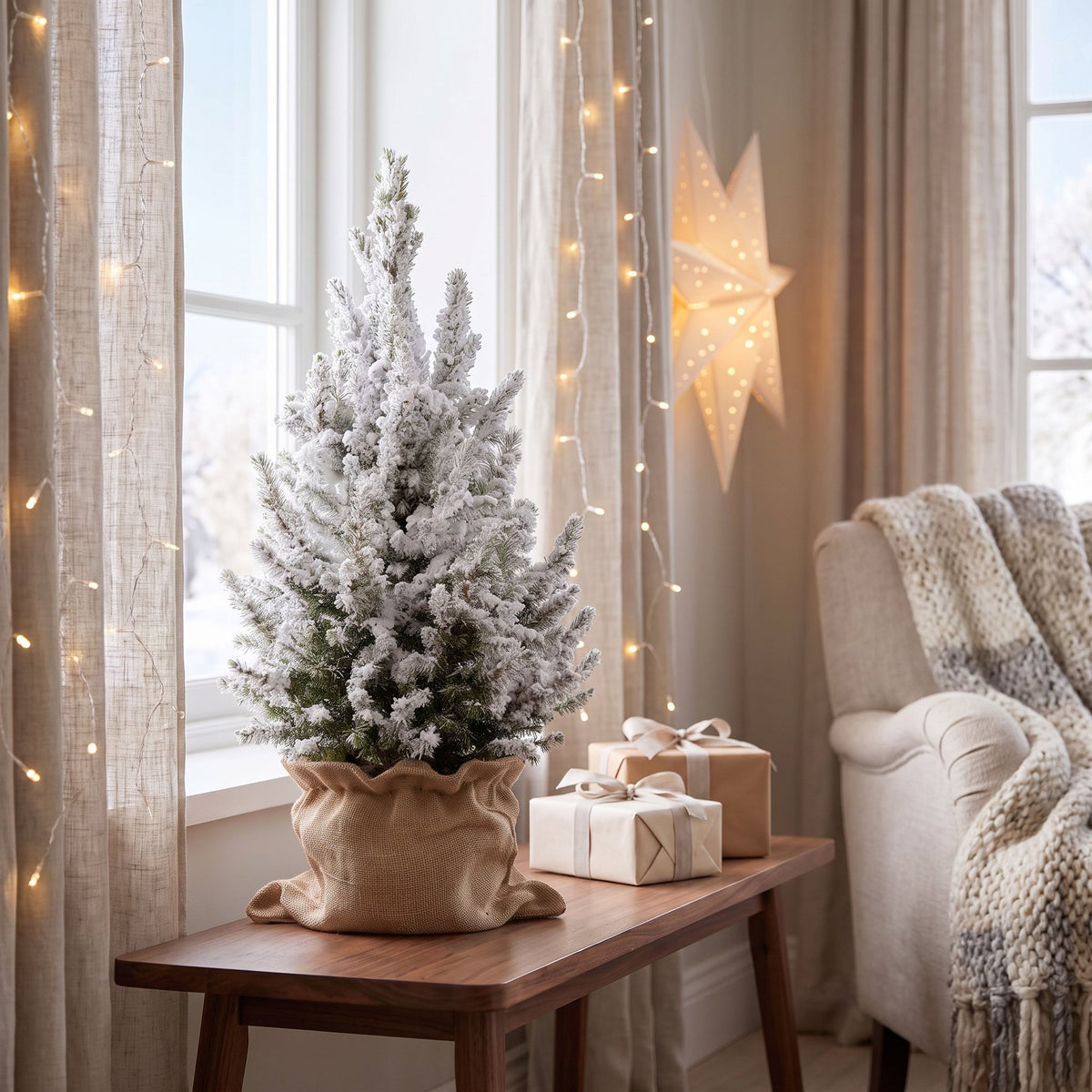 Picea glauca Conica (petit sapin de Noël) en toile de jute – Ø19 cm, 65 cm de haut – blanc