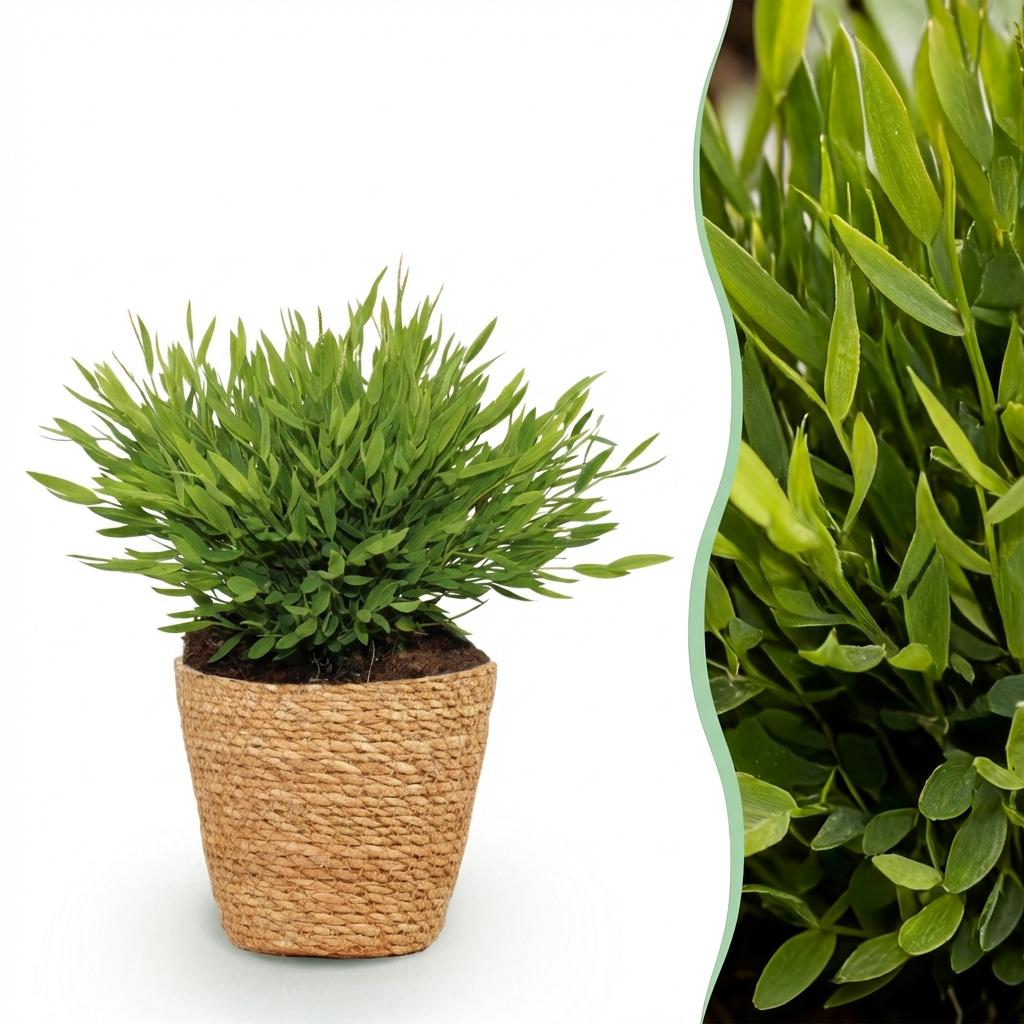 Bamusa Pogonatherum Monica (bamboegras) met mand – Ø12 cm, 20 cm hoog