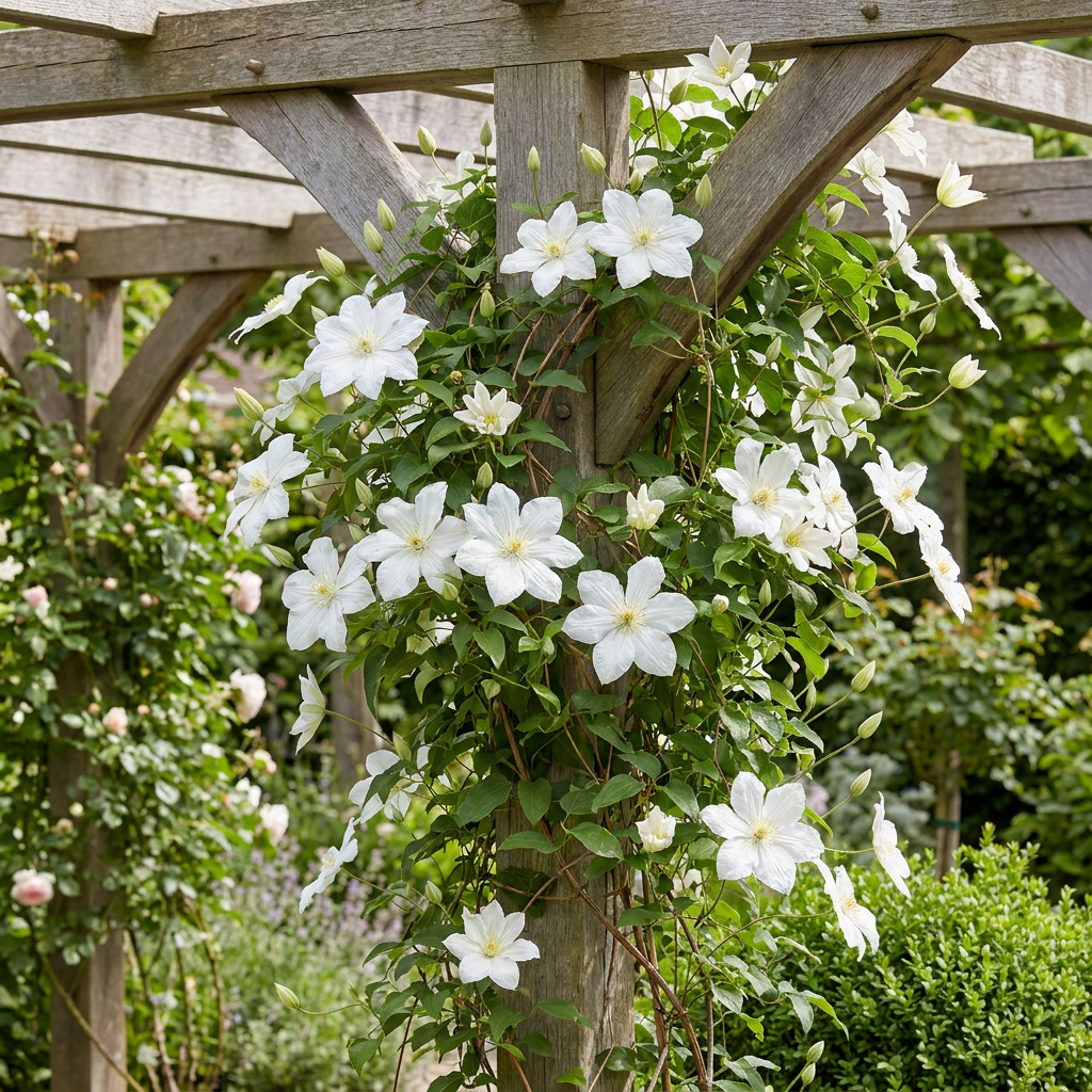 Clematis 'Jackmanii Huldine' (bosrank) – wit – Ø9 cm, 35 cm hoog