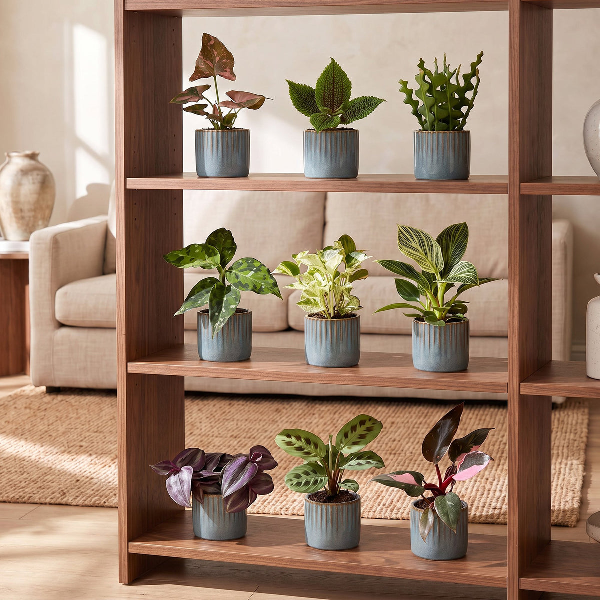 9× overraskelsesæske med stueplanter inkl. Linnea Misty Blue – Ø6 cm, 5–15 cm høj