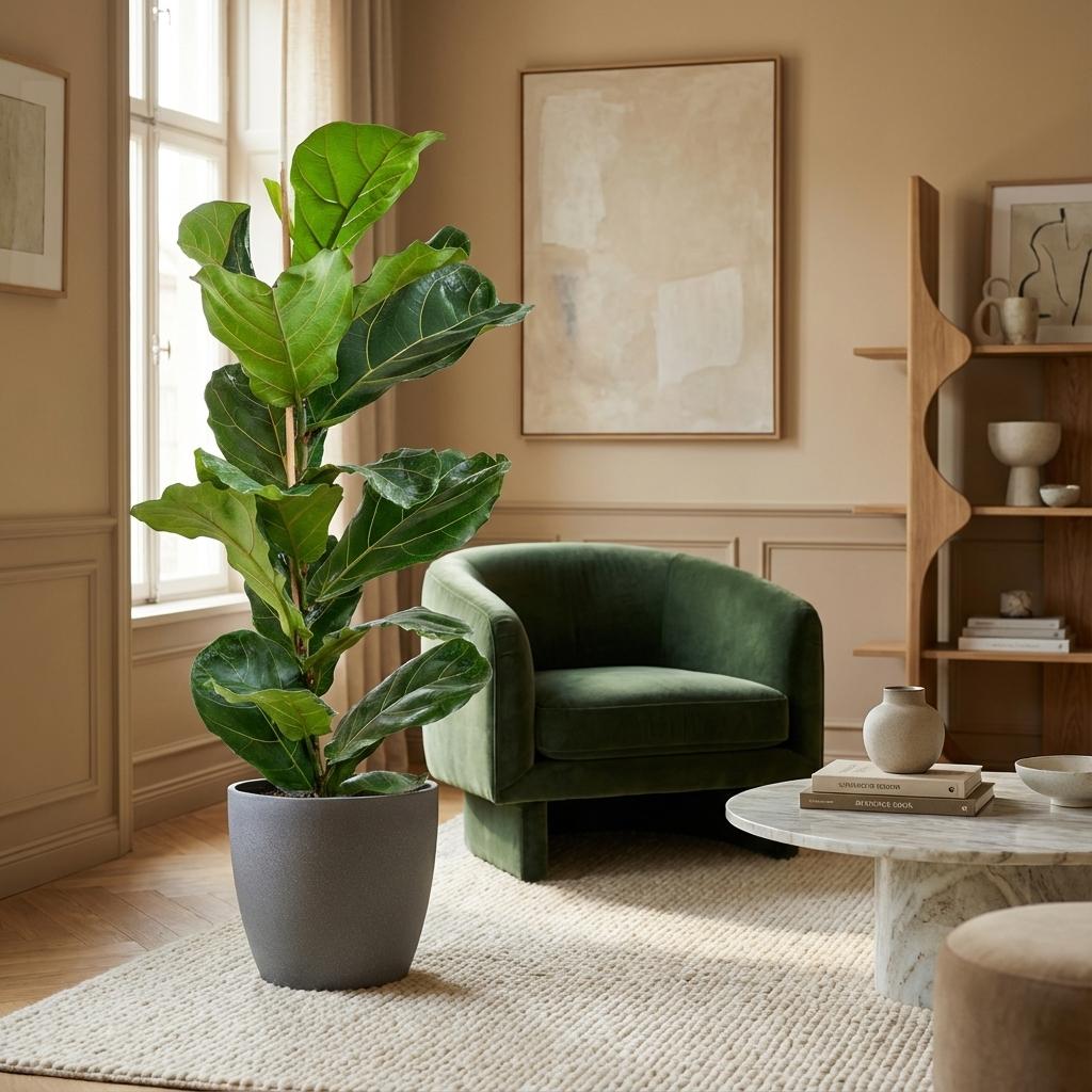 Ficus lyrata (vioolbladplant) in Potter-sierpot pot – Ø21 cm, 80 cm hoog – grijs