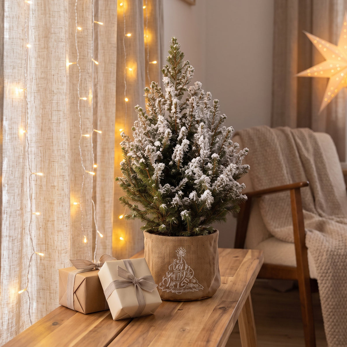 Picea glauca Conica (petit sapin de Noël) en toile de jute – Ø17 cm, 65 cm de haut – blanc