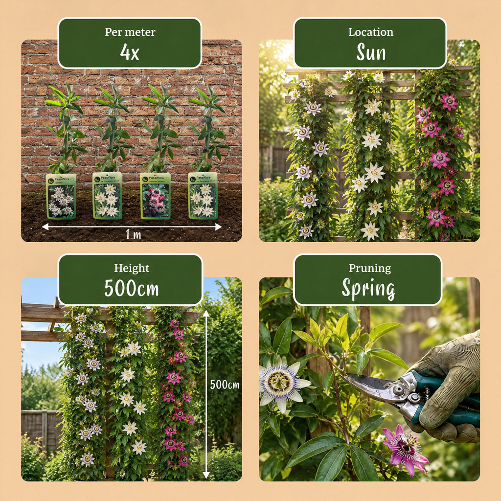 Passiflora 'Tricolour' (driekleurige passiebloem) – wit-paars-roze – 12 planten, Ø9 cm, 35 cm hoog – foto 7