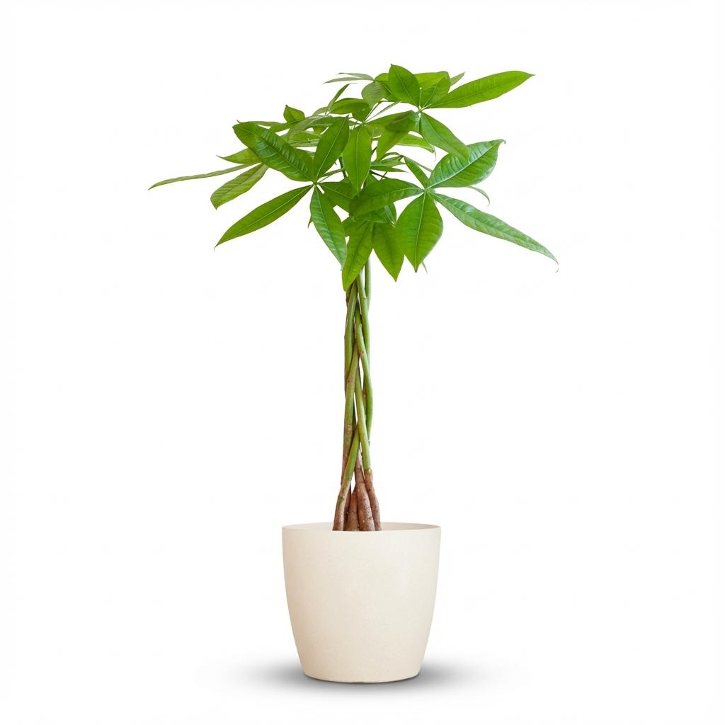 Pachira aquatica (pengaträd) i vit dekorativ lerkruka – Ø21 cm, 80 cm hög