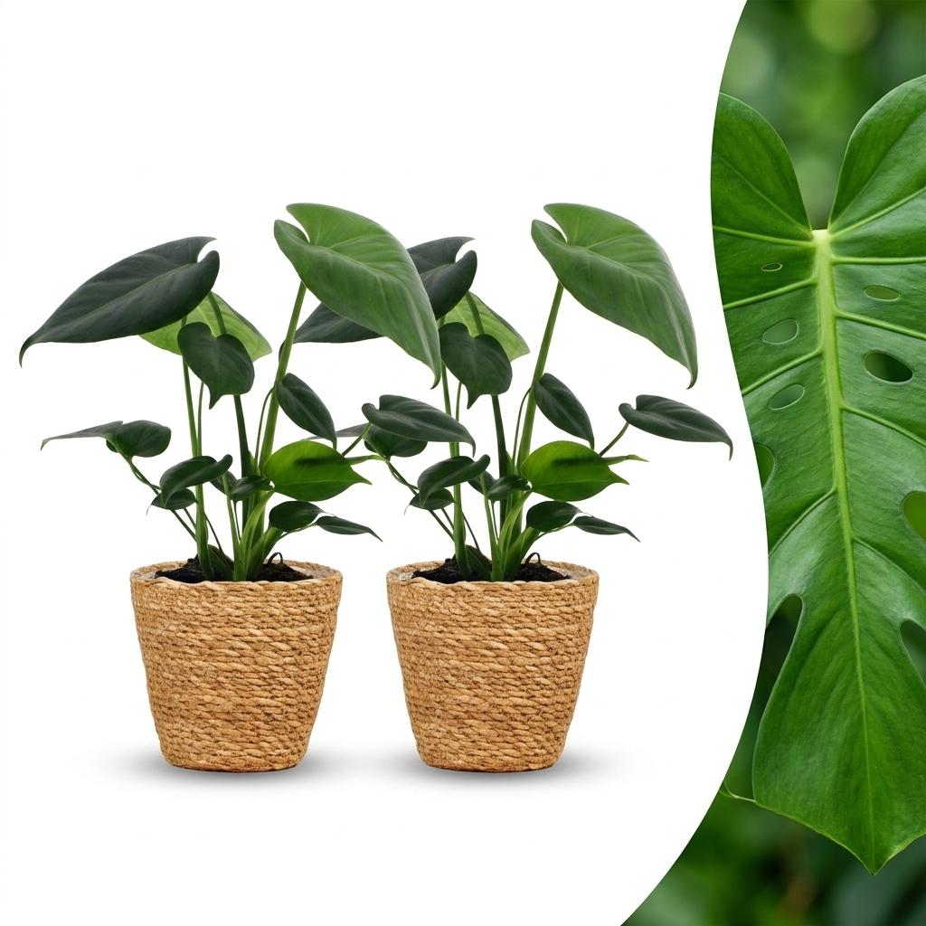 2× Monstera deliciosa (gatenplant) met zeegras mand – Ø12 cm, 30 cm hoog
