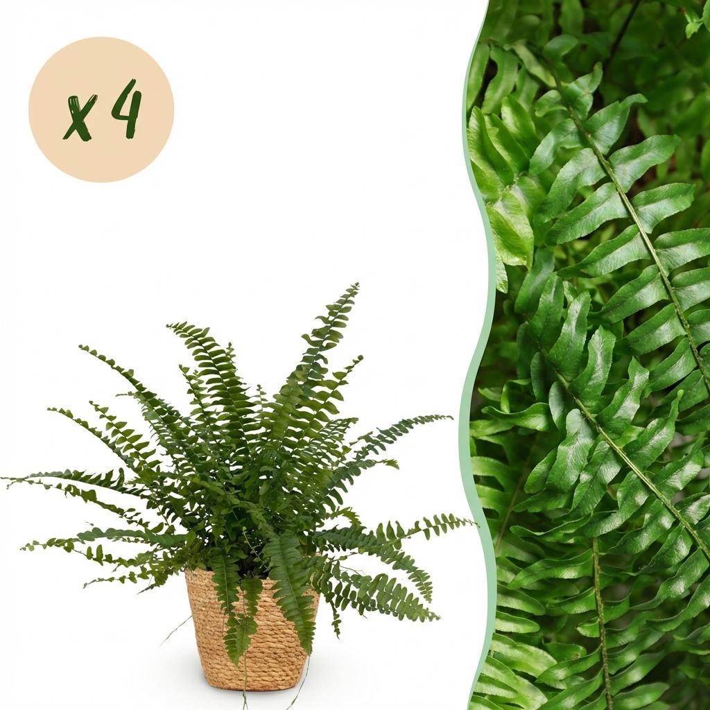4× Nephrolepis exaltata Green Lady (sværdbreg) med kurv – Ø12 cm, 25 cm høj