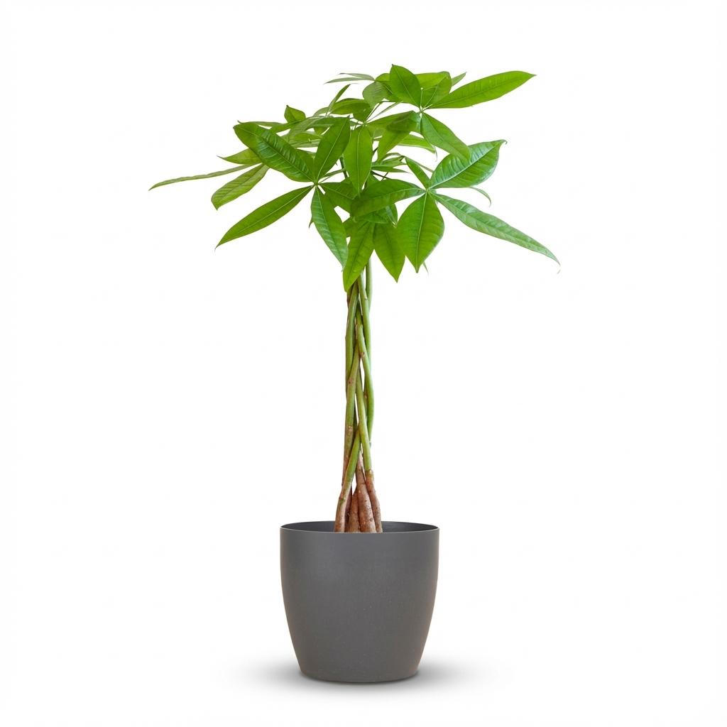 Pachira aquatica (pengaträd) i grå Potter-prydnadskruka – Ø21 cm, 80 cm hög
