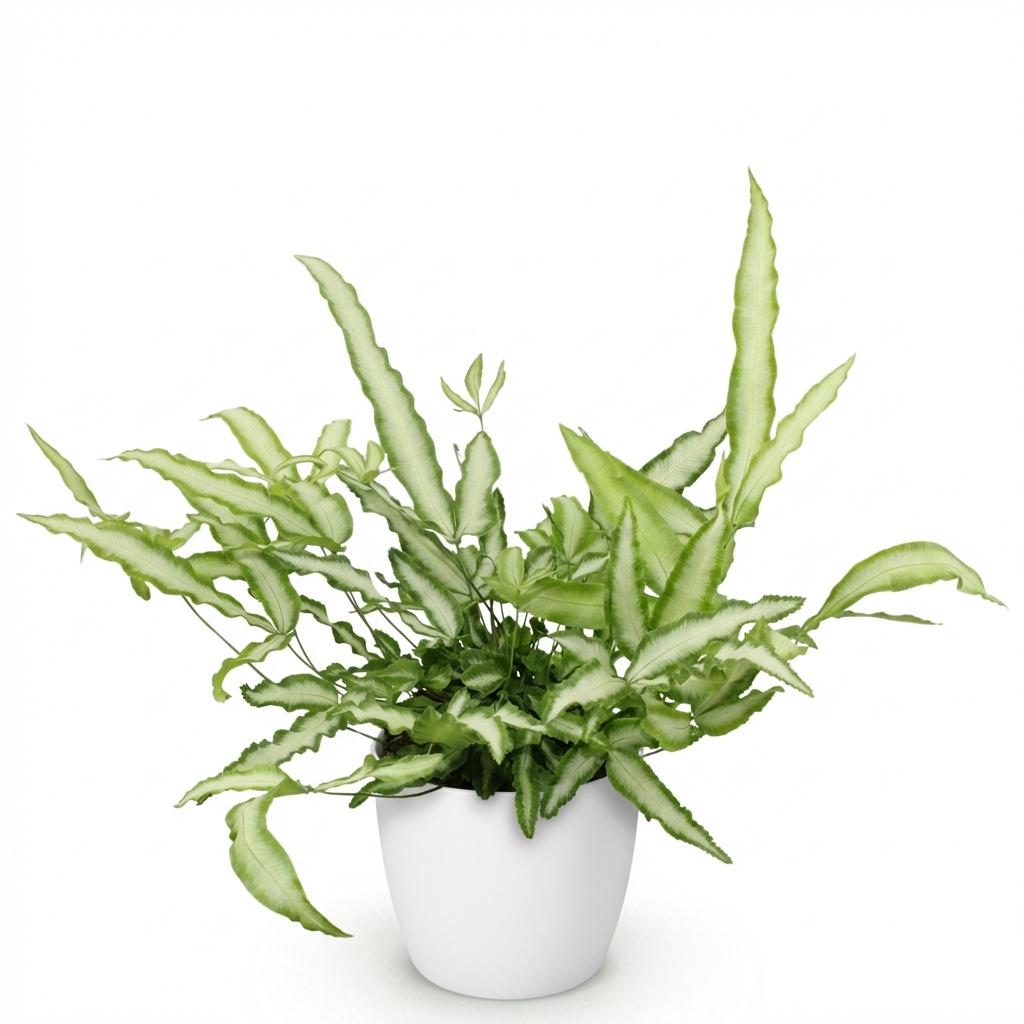 Pteris cretica Albolineata (fougère-ptéris) en pot de décoration Potter blanc – Ø12 cm, 20 cm de haut