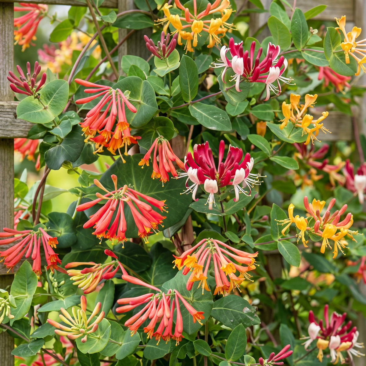 Lonicera 'Tricolour' (trefärgad kaprifol) – röd-lila-orange-gul – 6 plantor, Ø 9 cm, 35 cm hög – bild 5