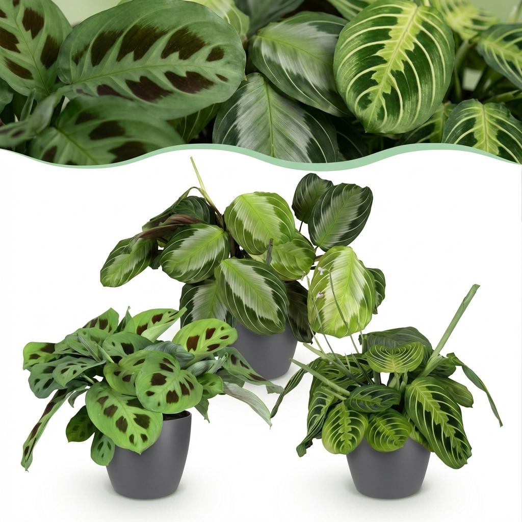 3× Maranta Silverband, Marantha Lemon Lime Marantha Kerchoveana (plante prieuse) dans pot décoratif gris Potter – Ø12 cm, 25 cm de haut