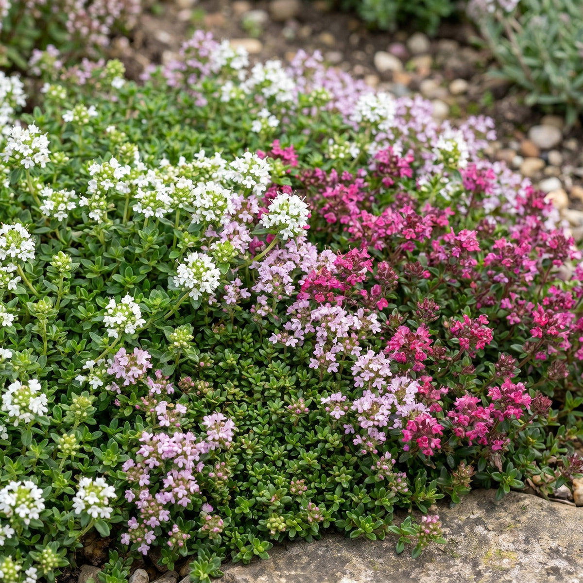 Thymus 'Tricolour' (tym) – roze-rood-wit – 6 planten, Ø11 cm, 15–25 cm hoog
