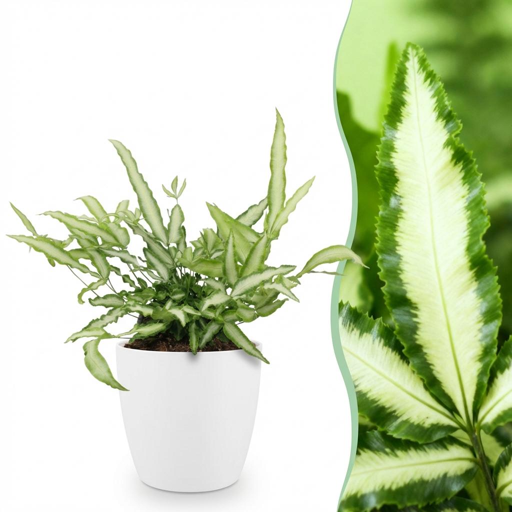 Pteris cretica Albolineata (fougère-ptéris) en pot de décoration Potter blanc – Ø12 cm, 20 cm de haut