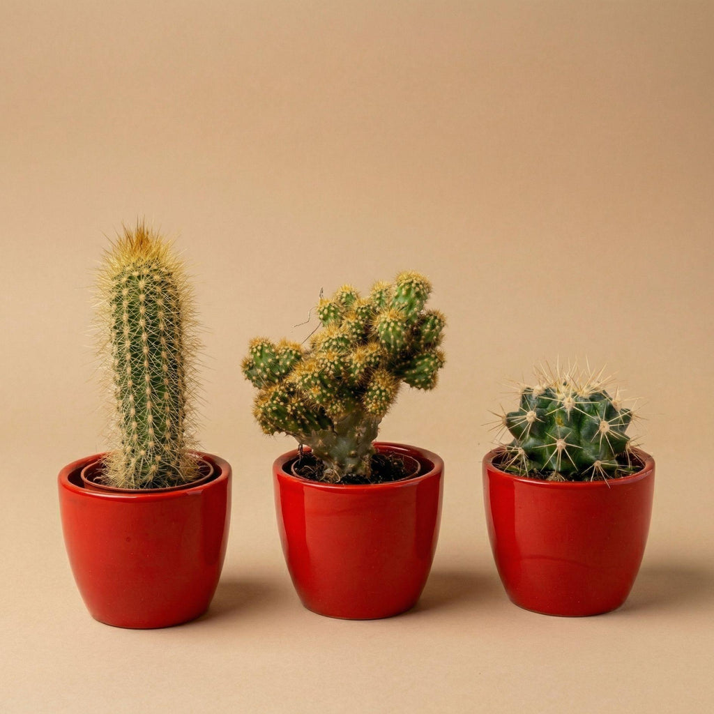 Lot de 3 cactus en mini-pot rouge – Ø6 cm, 8–12 cm de haut