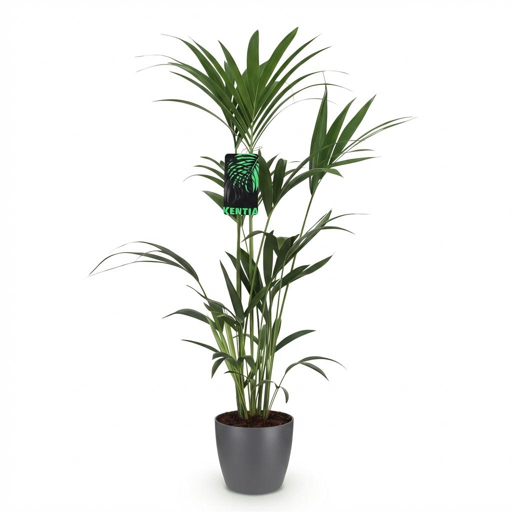 Howea forsteriana (kentiapalm) in Potter-sierpot grijs – Ø21 cm, 120–130 cm hoog