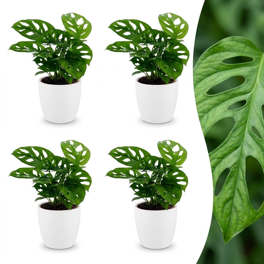 4× Monstera adansonii (Mini-Monstera) im weißen Zier-Blumentopf – Ø 12 cm, 25 cm hoch
