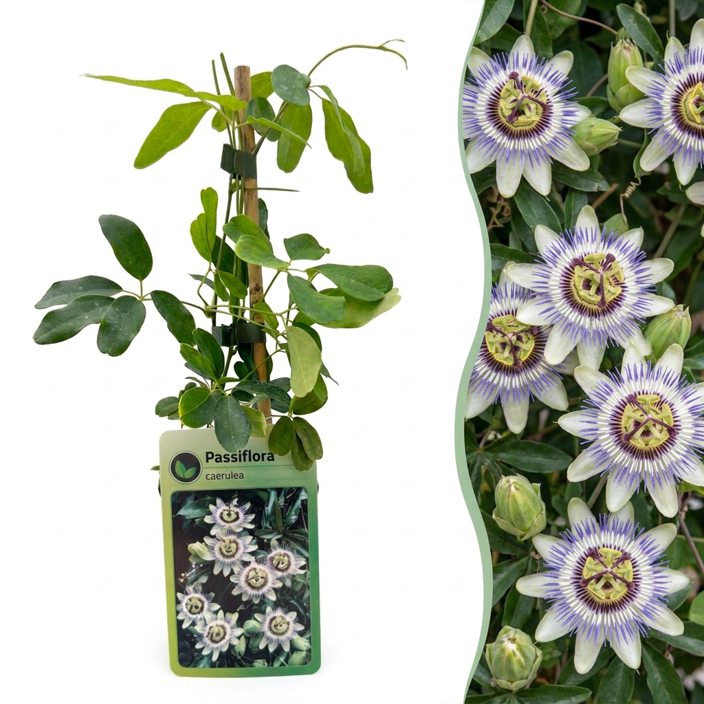 Passiflora caerulea (blauwe passiebloem) – wit-paars – 4 planten, Ø9 cm, 35 cm hoog