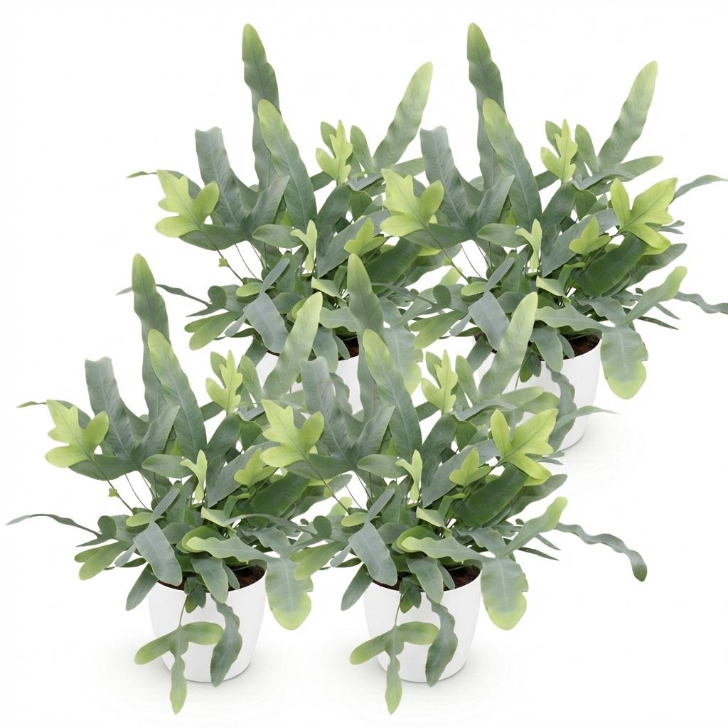 4× Phlebodium aureum Blue Star (Blaufarn) im weißen Zier-Tontopf – Ø 12 cm, 25 cm hoch