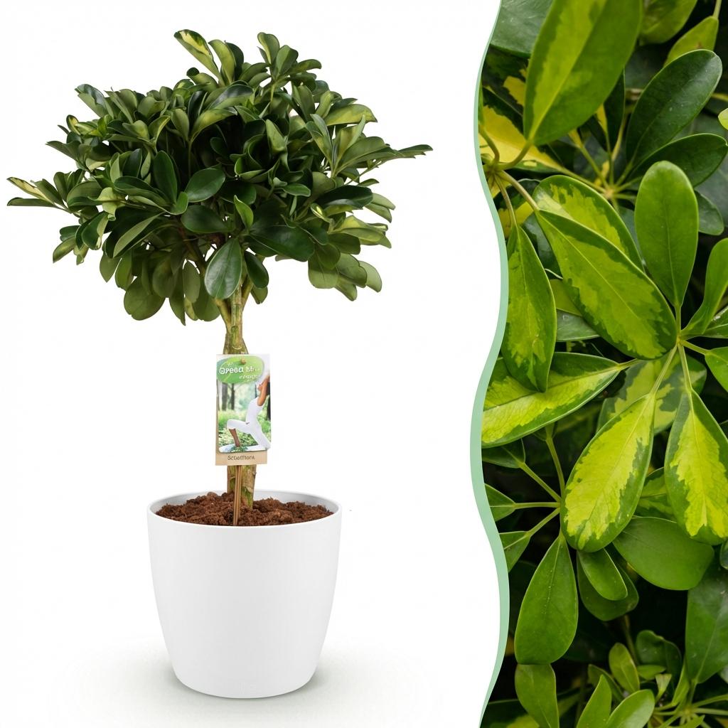 Schefflera Gold Capelle (vingersboom) in Potter-sierpot wit – Ø21 cm, 70–80 cm hoog