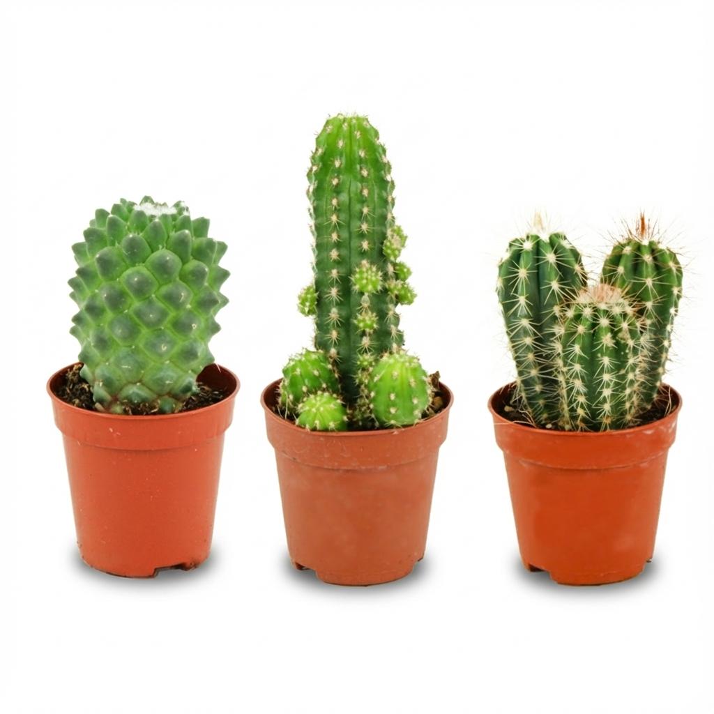 Lot de 3 mini-cactus (Cactaceae) – Ø 6 cm, 5 à 10 cm de haut
