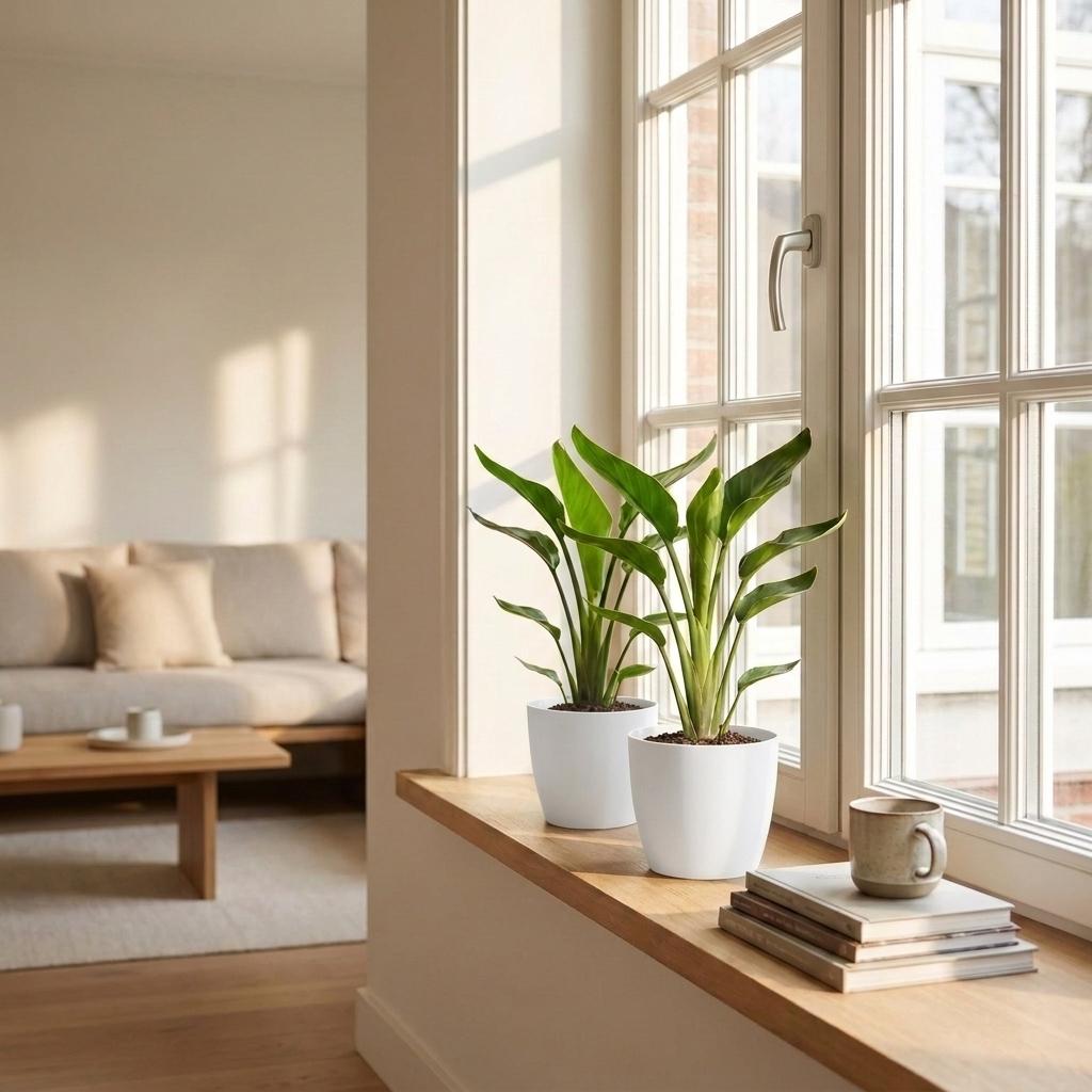 4× Strelitzia reginae (paradisgökeblom) i vit dekorativ kruka – Ø12 cm, 35 cm hög