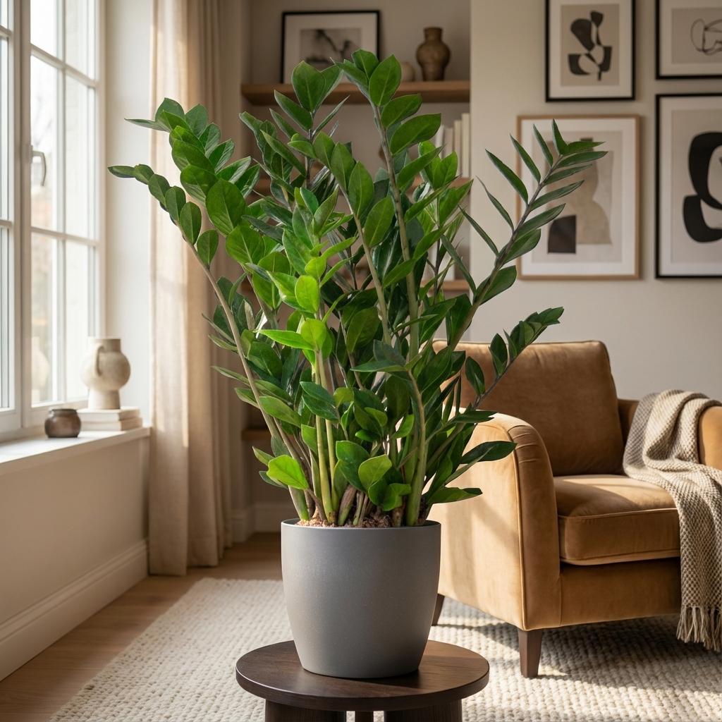 Zamioculcas zamiifolia (zz-plant) in Potter-sierpot grijs – Ø21 cm, 80 cm hoog