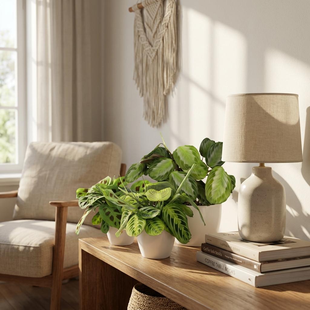 3× Maranta Silverband, Marantha Lemon Lime Marantha Kerchoveana (prayer plant) in white Potter decorative pot – Ø12 cm, 25 cm high – photo 4