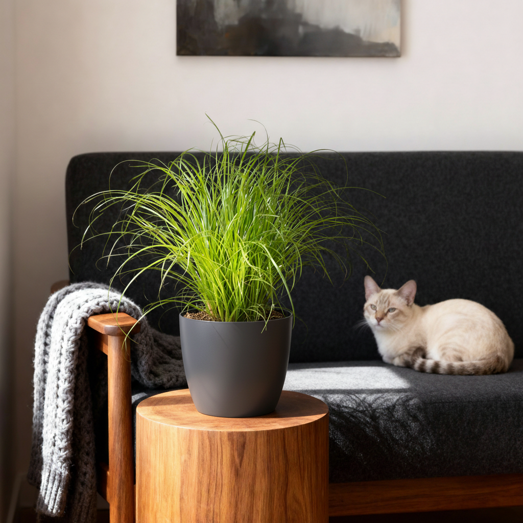 Cyperus alternifolius Zumula (sumpgræs) i grå dekorationspotte – Ø 12 cm, 20 cm høj