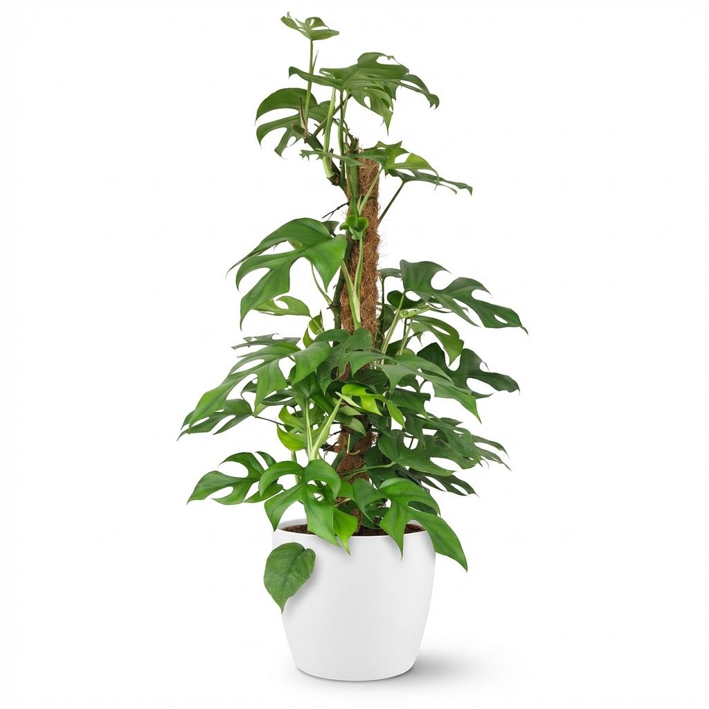 Monstera Minima (mini-monstera) dans pot décoratif blanc – Ø19 cm, 90 cm de haut