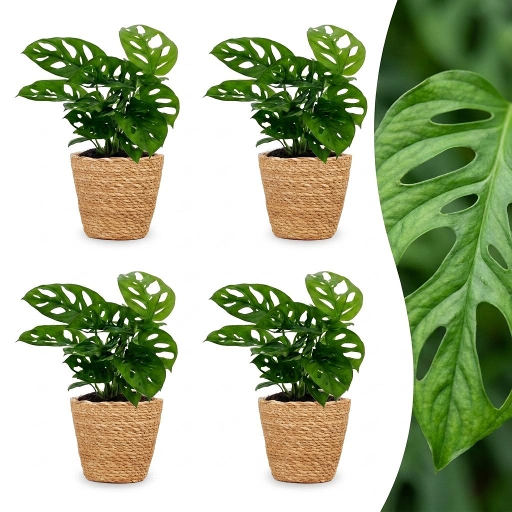 4× Monstera adansonii (mini-monstera) met mand – Ø12 cm, 25 cm hoog