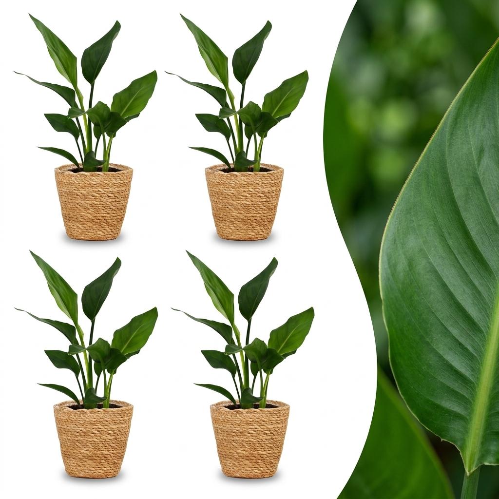 4× Strelitzia reginae (paradisfugleblomst) med kurv i søgræs – Ø12 cm, 35 cm høj