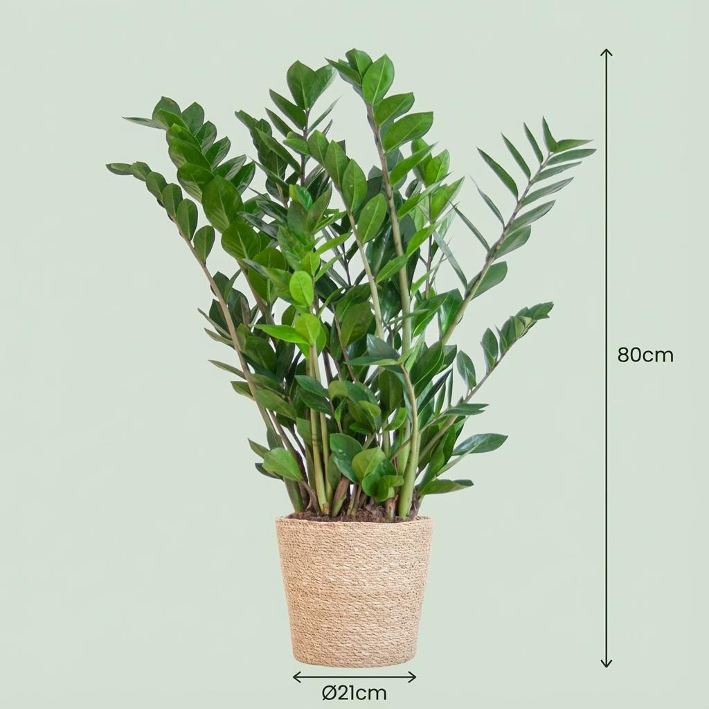Zamioculcas zamiifolia (Glücksfeder) im Seegras-Korb – Ø 21 cm, 80 cm hoch