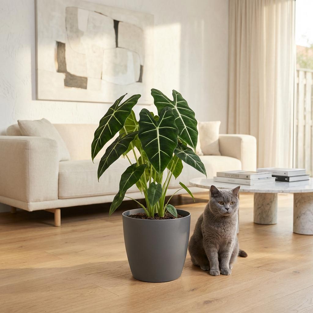 Alocasia Frydek (oreille d'éléphant) en pot décoratif gris – Ø19 cm, 60 cm de haut
