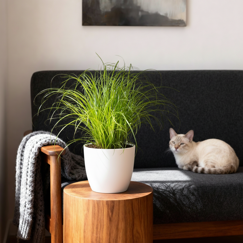 2× Cyperus alternifolius Zumula (strandmynte) i hvid dekorationspotte – Ø12 cm, 20 cm høj