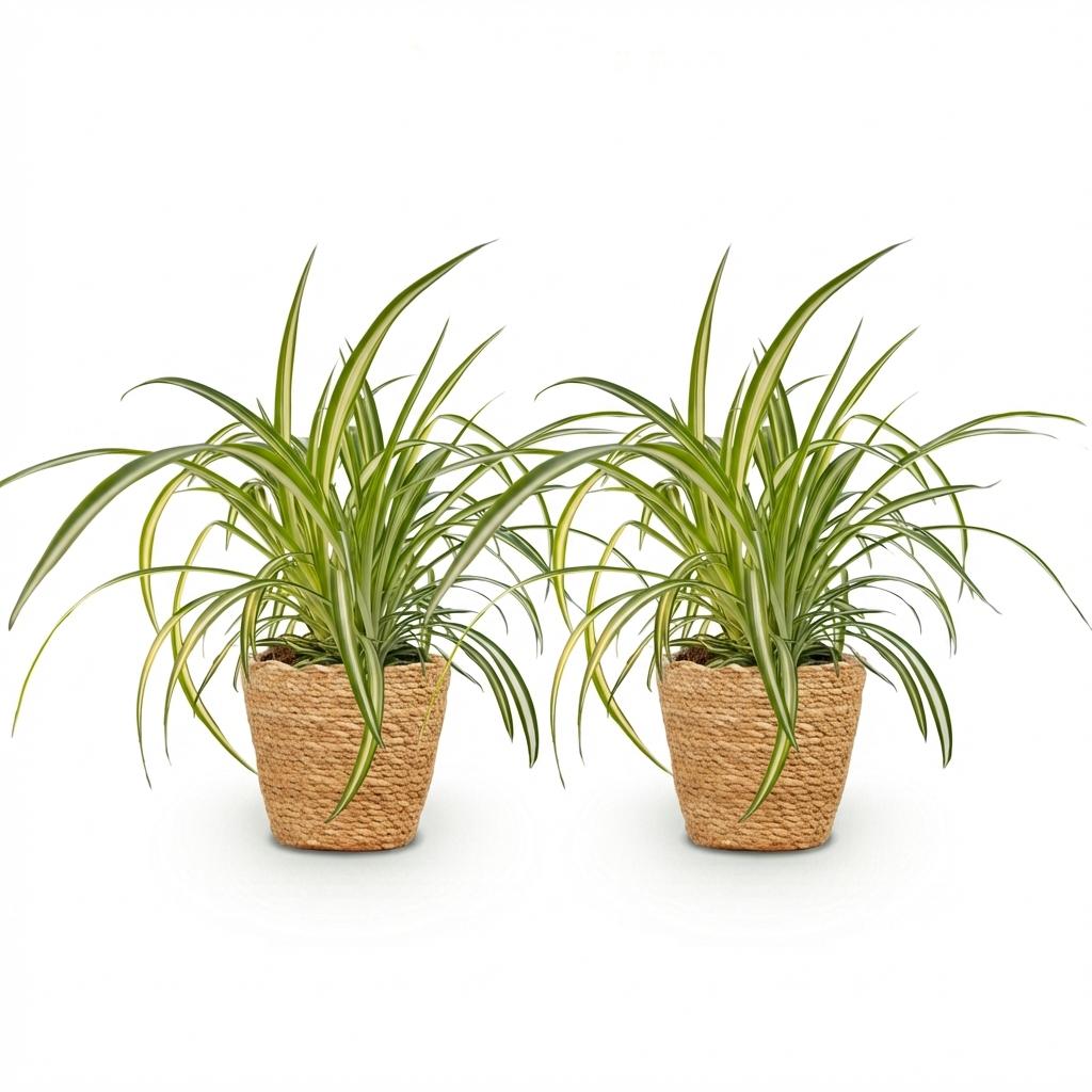 2× Chlorophytum comosum Variegatum (graslelie) met mand – Ø12 cm, 20 cm hoog