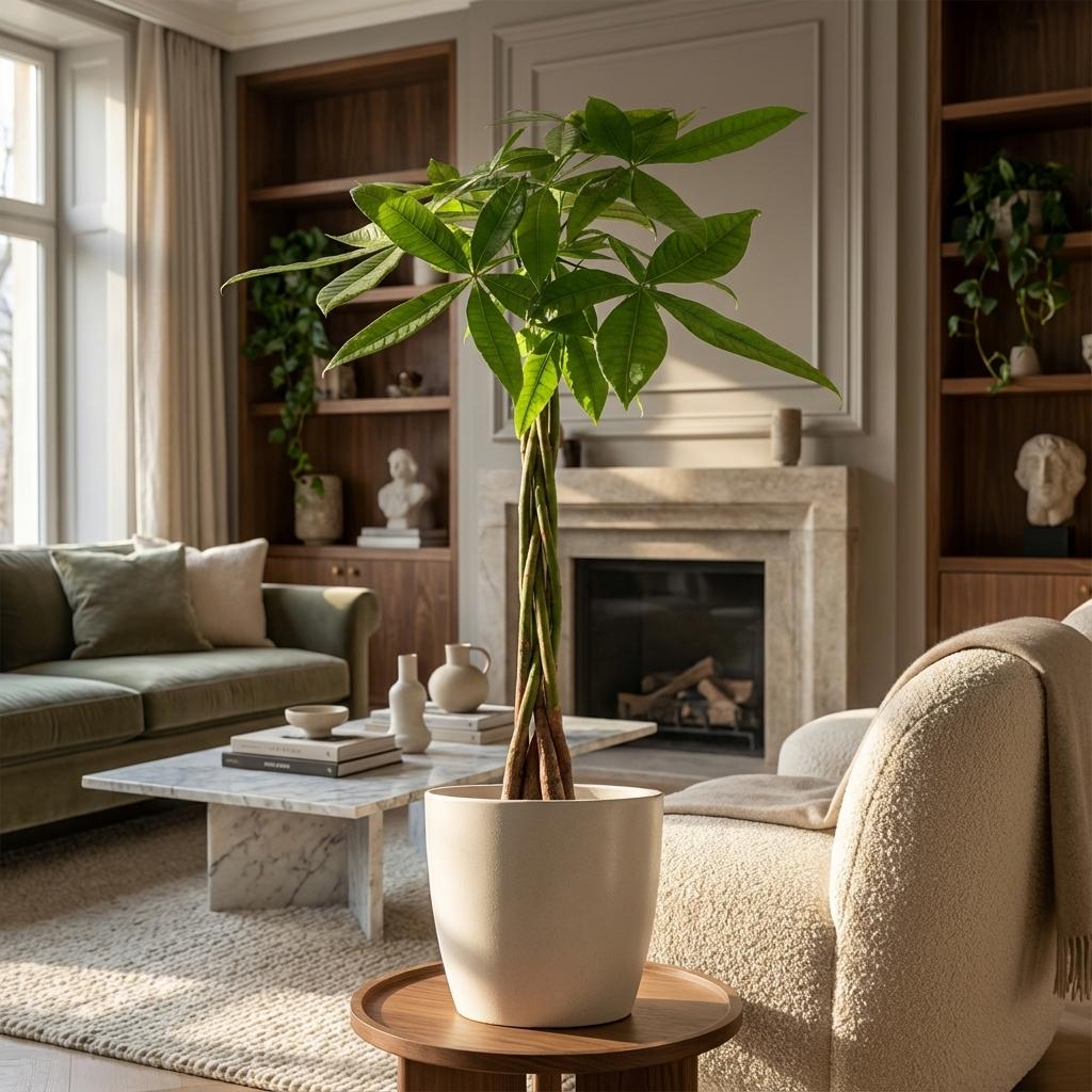 Pachira aquatica (pengaträd) i vit dekorativ lerkruka – Ø21 cm, 80 cm hög