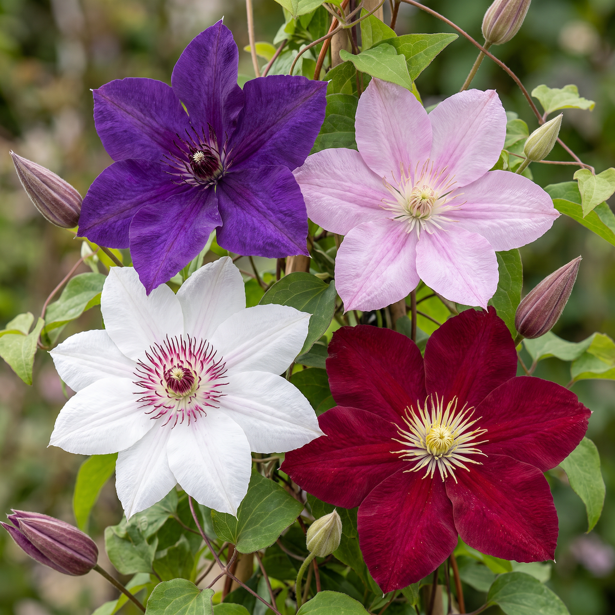 Clematis 'Rainbow' (bosrank) – paars-rood-roze-wit – 12 planten, Ø9 cm, 35 cm hoog