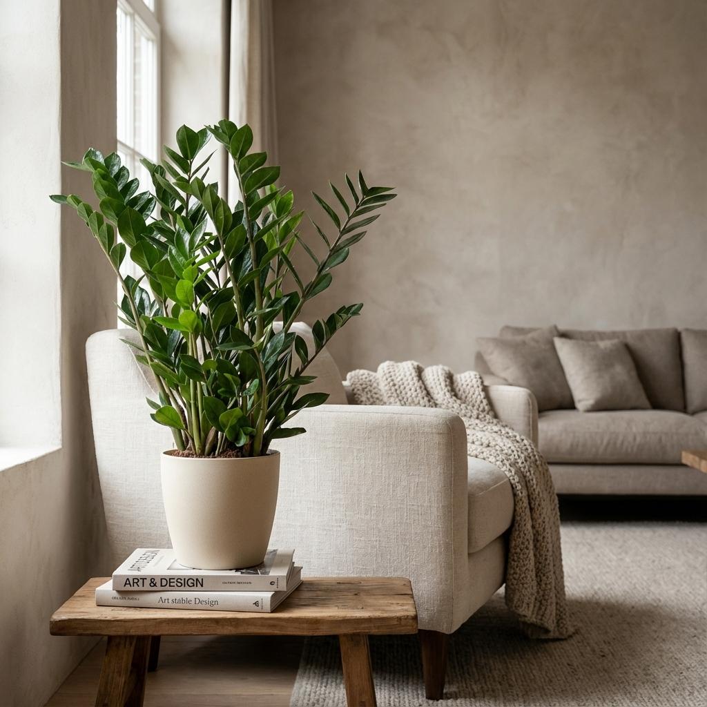Zamioculcas zamiifolia (zz-plant) in Potter-sierpot wit – Ø21 cm, 80 cm hoog